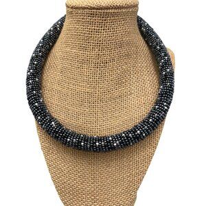 Black Silver Seed Bead Collar Choker Necklace Rope Wrapped 17" Long